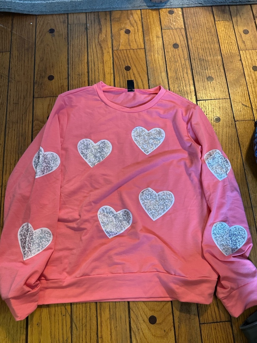 SHEIN Coral Pink Crewneck Sweatshirt with Glitter Heart Detail